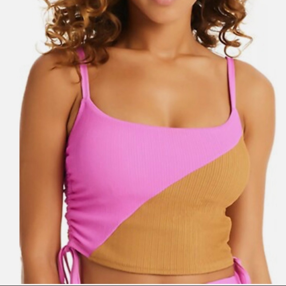 Sanctuary Pink and Tan Asymmetrical Ruched Bikini Top
